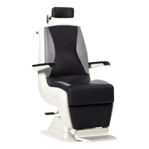 Modern black and white reclining medical chair.