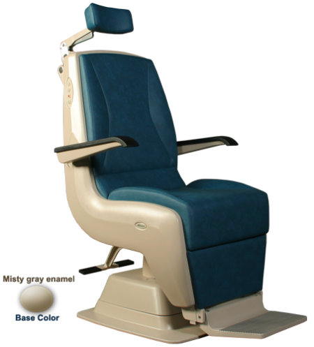 A Marco EZ Tilt Chair, blue and beige in color, with a backrest and armrest.