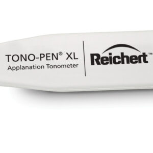 A Reichert Tonopen XL Handheld Applanation Tonometer with a blue and white handle on a white background.