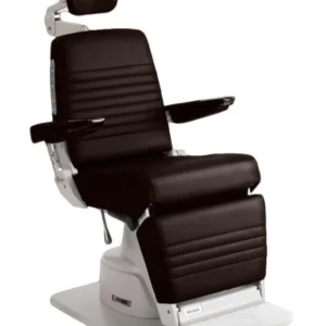 Black medical examination chair with footrest.