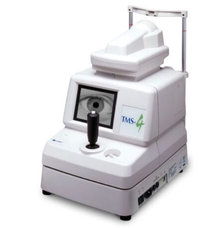 A white Tomey TMS-4 machine with an eye on it.