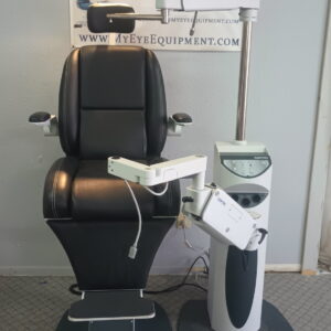 Ophthalmic examination chair with attached equipment.