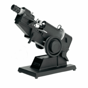 Black manual laboratory refractometer on white background.