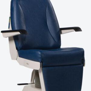 Blue medical examination chair with adjustable headrest.