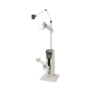 Optometry equipment with adjustable arms and base.