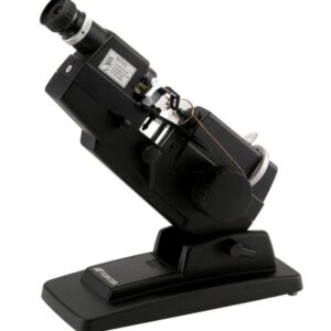 Black scientific refractometer on a stand.